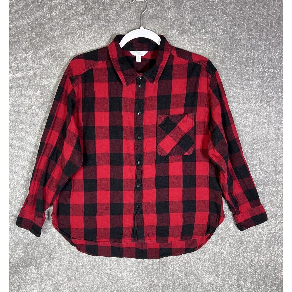Time‎ And Tru Long Sleeve Buffalo Plaid Flannel Button Up Top Womens Size Large